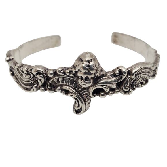 Solid Sterling Silver Cuff Embossed Cherub Angel Bracelet Victorian Revival 24g - Picture 9 of 12